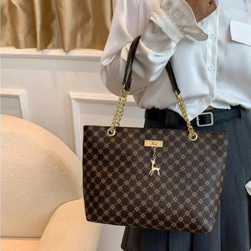⚠️Clearance Brown Patterned Large Tote Shoulder Bag Gold Pendant